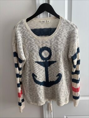 Cato Cream Sweater with Navy Anchor and Striped Sleeves